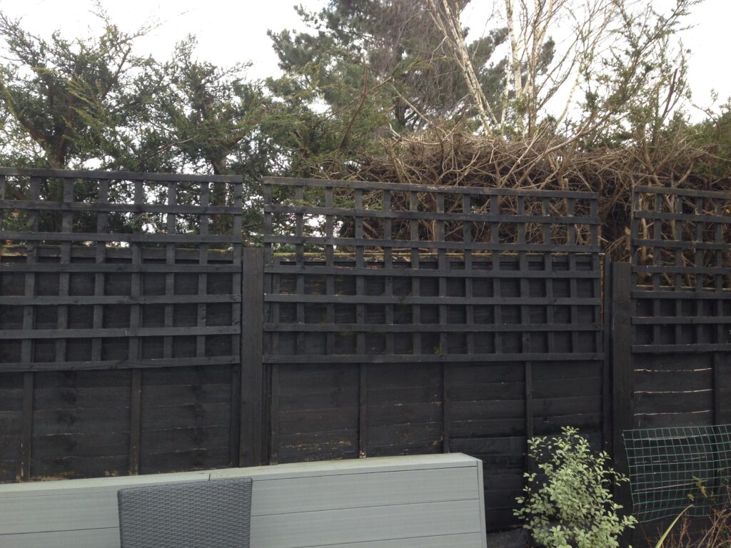 Weathered timber garden fence before professional fence refurbishment by RidgeOak in Hertfordshire.