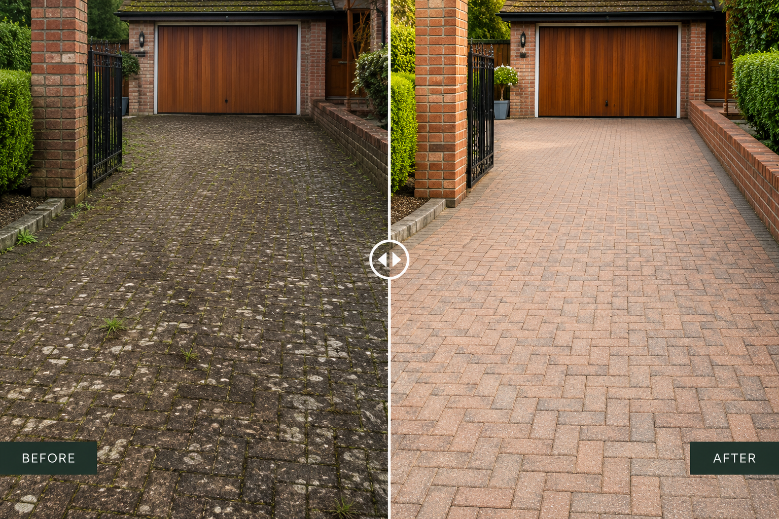 Before and after driveway cleaning project completed by RidgeOak in Hertfordshire