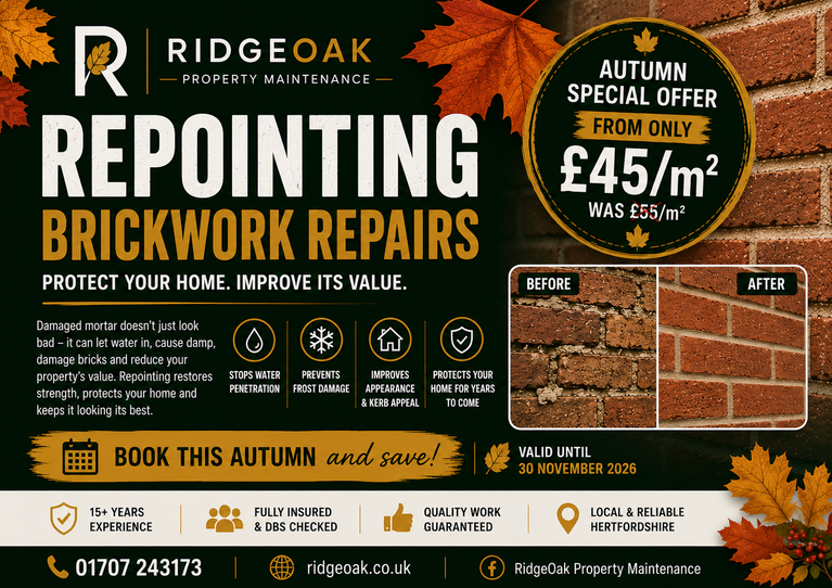 Repointing Hertfordshire autumn offer from £45 per square metre by RidgeOak Property Maintenance